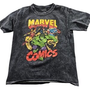 Marvel Comics Shirt Mens Medium Black Acid Wash Graphic Tee Avengers Hulk Retro